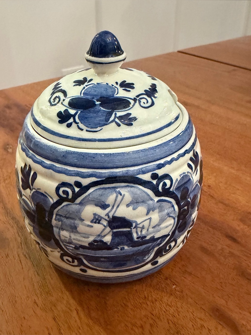 VTG Delft Blue Hand Painted Lidded Jar Windmill Condiment Pot Sugar Bowl Holland